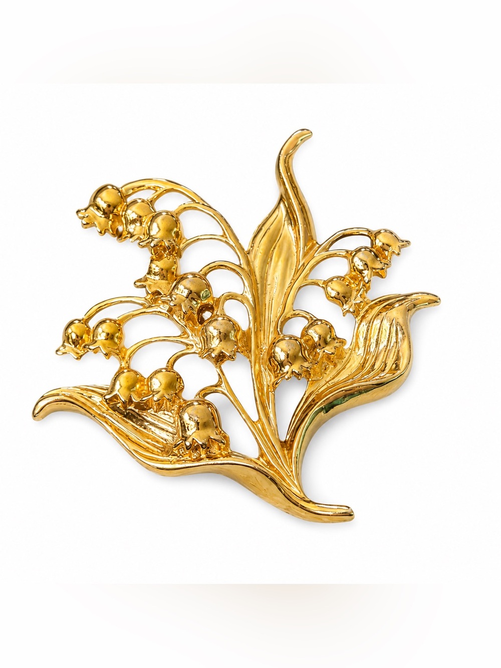 Vintage Gold Tone Lily of the Valley Floral Brooch Pin Openwork Statement